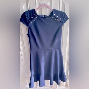 Navy blue short sleeve dress with faux pearl shoulder detail